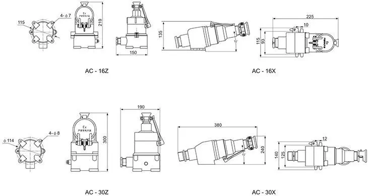 AC系列防爆插銷外形及安裝尺寸